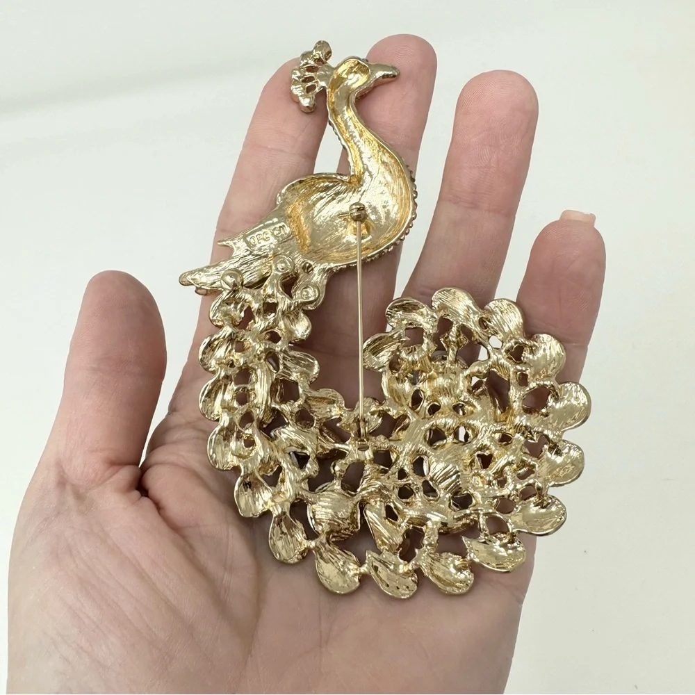 HUGE Signed Peacock Multicolor Rhinestone Gold Tone Brooch Pin